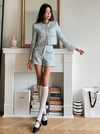 Tiffany 진주 스팽글 트위드 크롭 자켓 반바지 투피스 세트 (S,M,L) - 자켓 + 반바지 세트